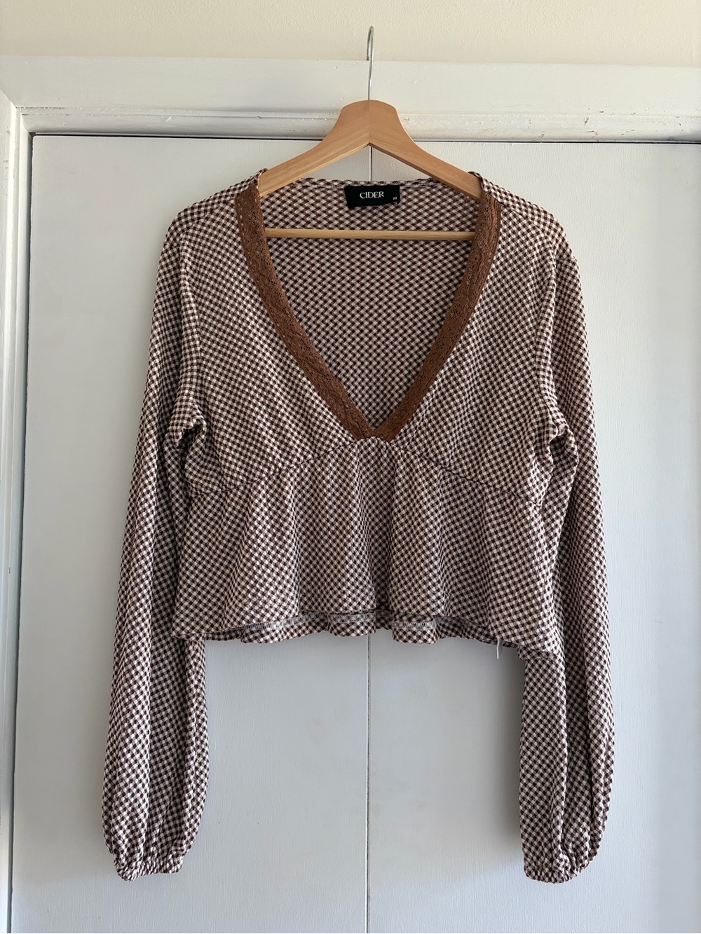 Cider Brown Gingham V-Neck Peplum Long Sleeve Top